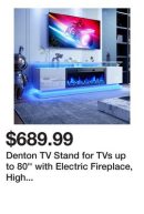 Denton TV Stand for TVs up to 80'' with Electric Fireplace, High Gloss Entertainment Centre with LED Lights, Modern TV Console Cabinet, Media Console