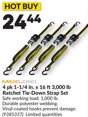 4 pk 1-1/4 in. x 16 ft3,000 lb Ratchet Tie-Down Strap Set