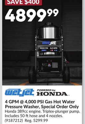 4 GPM @ 4,000 PSI Gas Hot Water Pressure Washer, Special Order Only