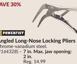 Angled Long-Nose Locking Pliers 7 in. Max. jaw opening: 2 in.