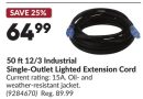 50 ft 12/3 Industrial Single-Outlet Lighted Extension Cord