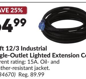 50 ft 12/3 Industrial Single-Outlet Lighted Extension Cord