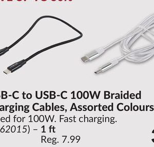 1 ft USB-C to USB-C 100W Braided Charging Cables, Assorted Colours