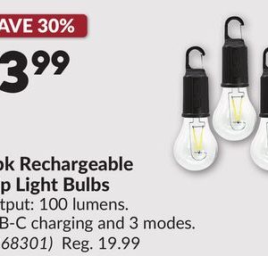 3 pk Rechargeable Clip Light Bulbs