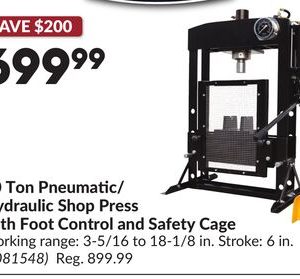 20 Ton Pneumatic/ Hydraulic Shop Press with Foot Control and Safety Cage