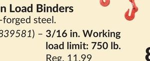 3/16 in. Working load limit: 750 lb. Chain Load Binders