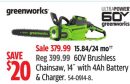 Greenworks 60V Chainsaw, 14" with 4Ah Battery & Charge