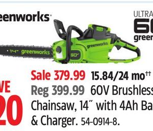 Greenworks 60V Chainsaw, 14" with 4Ah Battery & Charge