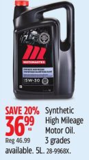 Motomaster Synthetic High Mileage Motor Oil. 3 grades