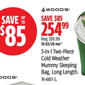 Woods 3-in-1 Two-Piece Cold Weather Mummy Sleeping Bag, Long Length