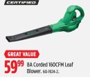 Certified 8A Corded 160CFM Leaf Blower
