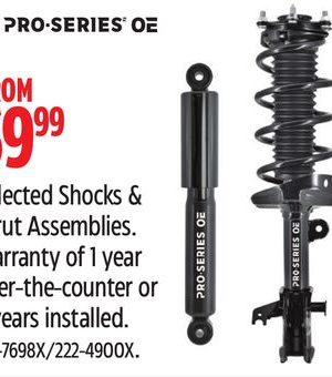 Selected Shocks & Strut Assemblies. Warranty of 1 year over-the-counter or 3 years installed