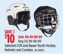 Selected CCM and Bauer Youth Hockey Helmets and Combos