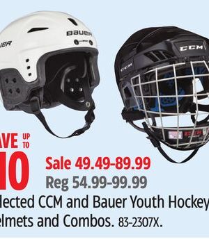 Selected CCM and Bauer Youth Hockey Helmets and Combos