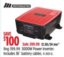 MotoMaster 3000W Power Inverter. Includes 36˝ battery cables