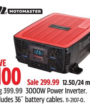 MotoMaster 3000W Power Inverter. Includes 36˝ battery cables
