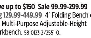 Mastercraft 4´ Folding Bench or 62˝ Multi-Purpose Adjustable-Height Workbench.