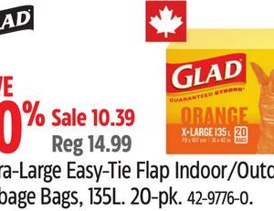Glad Extra-Large Easy-Tie Flap Indoor/Outdoor Garbage Bags, 135L. 20-pk