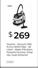 Dureno - Vacuum Wet N Dry HEPA Filter - 30 Liters - Water Filtration, Powerful Suction, Shop Vac, Dust Extractor
