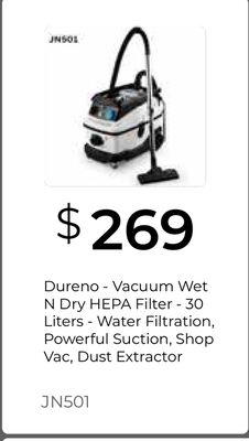 Dureno - Vacuum Wet N Dry HEPA Filter - 30 Liters - Water Filtration, Powerful Suction, Shop Vac, Dust Extractor