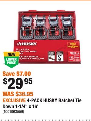 EXCLUSIVE 4-PACK HUSKY Ratchet Tie Down 1-1/4" x 16'