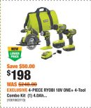 EXCLUSIVE 4-PIECE RYOBI 18V ONE+ 4-Tool Combo Kit (1) 4.0Ah...