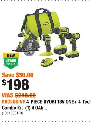 EXCLUSIVE 4-PIECE RYOBI 18V ONE+ 4-Tool Combo Kit (1) 4.0Ah...