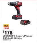 MILWAUKEE M18 Compact 1/2" Hammer Drill/Driver Kit (2) 1.5Ah...