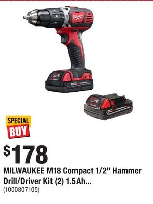 MILWAUKEE M18 Compact 1/2" Hammer Drill/Driver Kit (2) 1.5Ah...