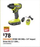 EXCLUSIVE RYOBI 18V ONE+ 1/4" Impact Driver Kit (1) 1.5Ah...