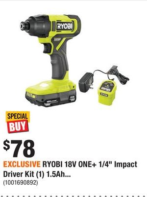 EXCLUSIVE RYOBI 18V ONE+ 1/4" Impact Driver Kit (1) 1.5Ah...