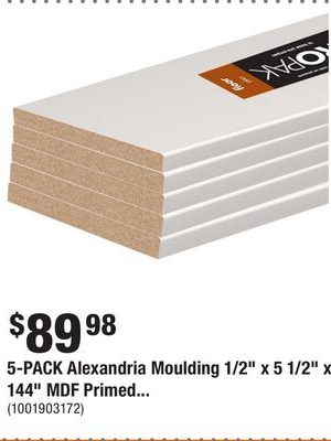 5-PACK Alexandria Moulding 1/2" x 5 1/2" x 144" MDF Primed...