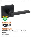 WEISER Halifax Passage Lever in Matte Black