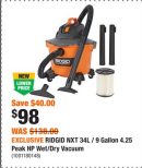 EXCLUSIVE RIDGID NXT 34L / 9 Gallon 4.25 Peak HP Wet/Dry Vacuum