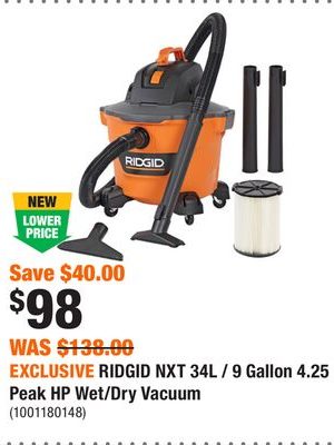 EXCLUSIVE RIDGID NXT 34L / 9 Gallon 4.25 Peak HP Wet/Dry Vacuum