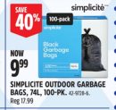 SIMPLICITE OUTDOOR GARBAGE BAGS, 74L, 100-PK