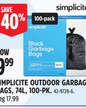 SIMPLICITE OUTDOOR GARBAGE BAGS, 74L, 100-PK