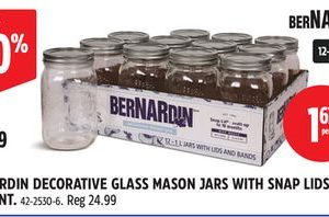 BERNARDIN DECORATIVE GLASS MASON JARS WITH SNAP LIDS, 1L, 12-COUNT