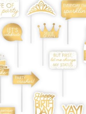 Golden Age "Let's Celebrate" Photo Booth Sign Props, Gold, 15-in, 13-pk, for Birthday Party
