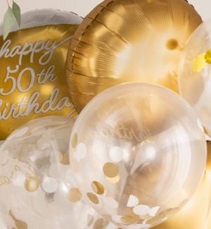 Golden Age "50" Round Transparent Confetti Latex Balloons, Gold, 12-in, 6-pk, for Birthday Party