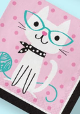 Cat Square Paper Disposable Lunch Napkins, Pink, 6.5-in, 16-pk, 2-ply, for Birthday