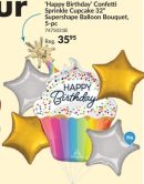 "Happy Birthday!" Cupcake Confetti Sprinkle Supershape Balloon Bouquet with Star Foil Balloons, Gold/Silver, 5-pk, Helium Inflation & Ribbon Included