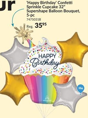 "Happy Birthday!" Cupcake Confetti Sprinkle Supershape Balloon Bouquet with Star Foil Balloons, Gold/Silver, 5-pk, Helium Inflation & Ribbon Included