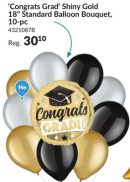 "Congrats Grad!" Shiny Balloon Bouquet with Latex Balloons, Black/Gold/Silver, 10-pk, Helium Inflation & Ribbon Included