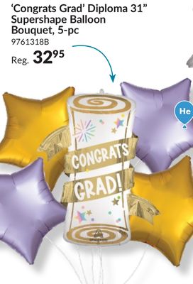 "Congrats Grad!" Diploma Supershape Balloon Bouquet with Star Foil Balloons, Gold/Lilac, 5-pk, Helium Inflation & Ribbon Included