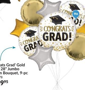 "Congrats Grad!" Glitter Jumbo Balloon Bouquet with Star Foil Balloons, Gold/Silver, 9-pk, Helium Inflation & Ribbon Included