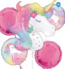 Unicorn Round Satin Foil Balloon Bouquet, Pink/White, 5-pk, Helium Inflation & Ribbon Included for Birthday Party
