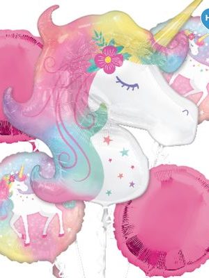 Unicorn Round Satin Foil Balloon Bouquet, Pink/White, 5-pk, Helium Inflation & Ribbon Included for Birthday Party