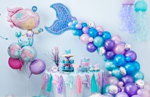 Shimmering Mermaid Round Satin Foil Balloon Bouquet, Pink/Purple/Blue, 5-pk, Helium Inflation & Ribbon Included for Birthday Party