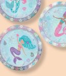 Shimmering Mermaids Round Paper Disposable Dessert Plates, Silver/Blue, 7-in, 8-pk, for Birthday Party